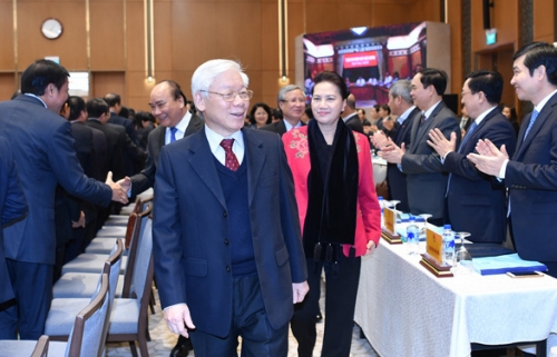 Tổng Bí thư, Chủ tịch nước Nguyễn Phú Trọng và Chủ tịch Quốc hội Nguyễn Thị Kim Ngân tham dự hội nghị