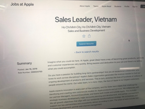 Thông tin tuyển dụng được đăng tải trên trang web chính thức của Apple.