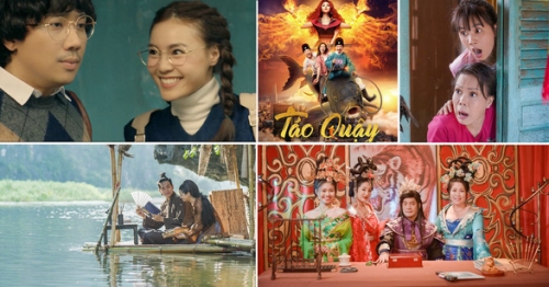 Các phim Việt sẽ ra rạp dịp tết này (từ trái qua, trên xuống): Cua lại vợ bầu, Táo quậy, Vu quy đại náo, Trạng Quỳnh và 3D Cung tâm kế
