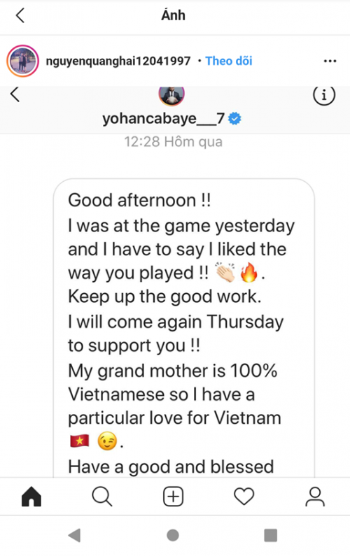 Tin nhắn của Cabaye gửi tới Quang Hải.