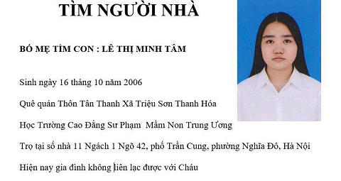 Công an phát thông báo tìm n/ữ si/n/h 2006 quê Thanh Hóa mất liên lạc khi đang đi học tại Hà Nội
